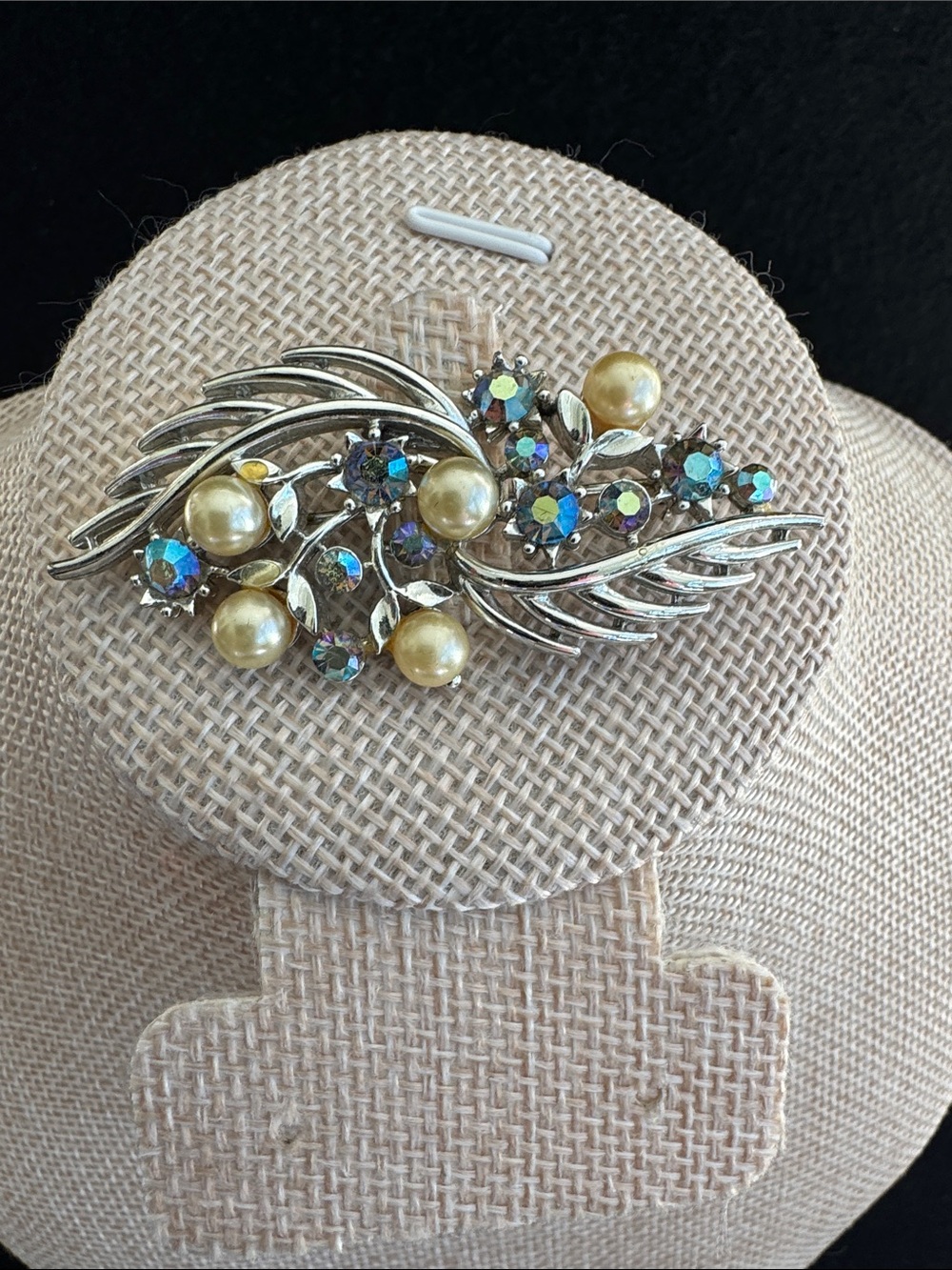 VTG Lisner Silver Tone Pearl and AB Crystal Brooch